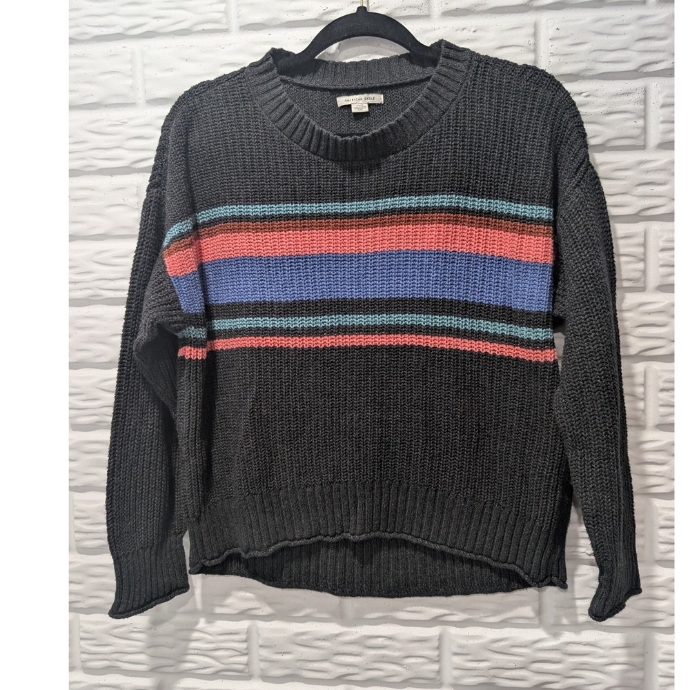 American Eagle Striped Shaker Knit Sweater Gray Pink Blue Small S Cotton Blend